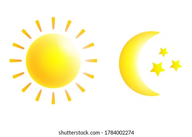 Sun and moon and stars realistic signs icons isolated on white background. Vector Illustration.