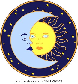 Sun and Moon with Stars in a round frame, vector illustration in retro style. Astrology, Magic, Esoteric