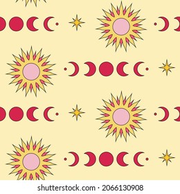 Sun, moon and stars seamless pattern vector art.