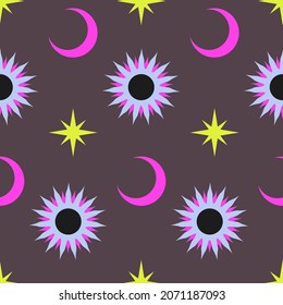 Sun, moon and stars seamless pattern vector art.