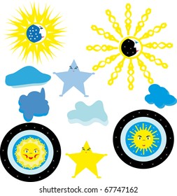 The sun, the moon and stars. Separate elements. Illustration.