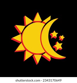 Sun, moon, stars sign. 3D Extruded Yellow Icon with Red Sides a Black background. Illustration.