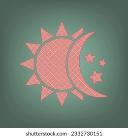 Sun, moon, stars sign. Apricot Icon with Brick Red parquet floor graphic pattern on a Ebony background. Feldgrau. Green. Illustration.