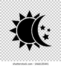 Sun, moon, stars sign. Black icon on transparent background. Illustration.