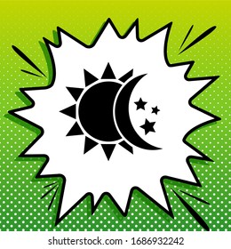 Sun, moon, stars sign. Black Icon on white popart Splash at green background with white spots. Illustration.