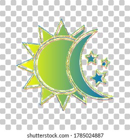 Sun, moon, stars sign. Blue to green gradient Icon with Four Roughen Contours on stylish transparent Background. Illustration.
