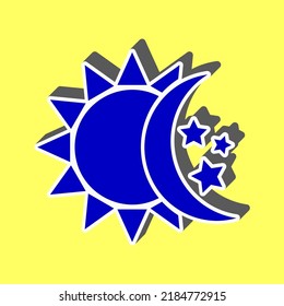 Sun, moon, stars sign. Blue Icon with white stroke in 3d at yellow Background. Illustration.