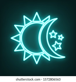 Sun, moon, stars sign. Cyan neon icon in the dark. Bluring. Luminescence. Illustration.