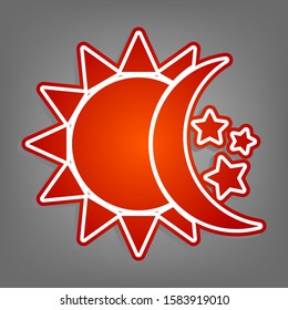 Sun, moon, stars sign. Flat red icon with linear white icon with gray shadow at grayish background. Illustration.