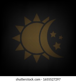 Sun, moon, stars sign. Icon as grid of small orange light bulb in darkness. Illustration.