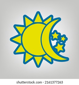 Sun, moon, stars sign. Icon in colors of Ukraine flag (yellow, blue) at gray Background. Illustration.