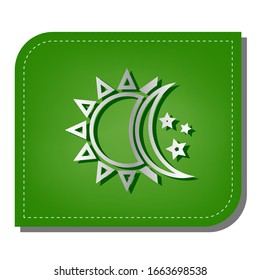 Sun, moon, stars sign. Silver gradient line icon with dark green shadow at ecological patched green leaf. Illustration.