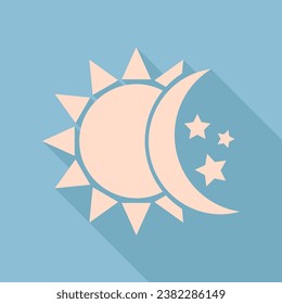 El sol, la luna, las estrellas firman. Icono de seda crudo con una sombra muy larga en el fondo azul cielo oscuro. Ilustración.