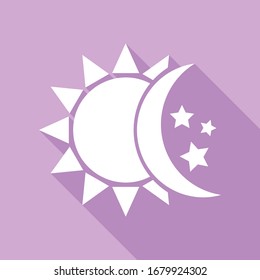 Sun, moon, stars sign. White Icon with long shadow at purple background. Illustration.
