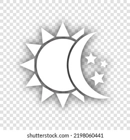 Sun, moon, stars sign. White Icon with dropped natural gray Shadow at transparent Background. Illustration.