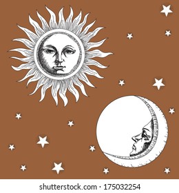 sun moon and stars stylized engraving