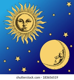 sun, moon and stars stylized engraving