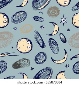 Sun moon and stars stylized engraving, vector collection seamless pattern of sun moon and stars stylized engraving.