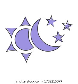 Sun and moon with stars vector icon. The symbol of the change of day and nigh cartoon style on white isolated background.