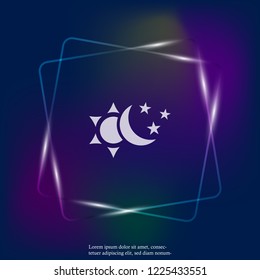 Sun and moon with stars vector neon light icon. The symbol of the change of day and night. Layers grouped for easy editing illustration. For your design.