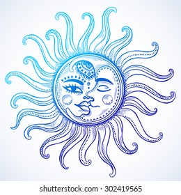 Sun, moon and stars vintage vector illustration