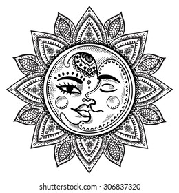 Sun, moon and stars vintage vector illustration