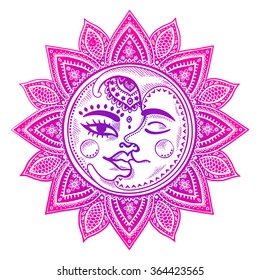 Sun, moon and stars vintage vector illustration