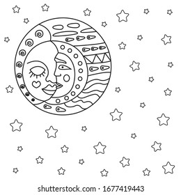 Sun and moon with stylized faces. Can be used as print for T-shirts and bags, cards, decor element. Hand drawin and then digitized.