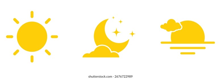 Sun moon and sunset icon. Parts of the day icon. Morning, afternoon, noon, sunset and night icon concept. Weather flat icons set. Vector illustration isolated on white background.