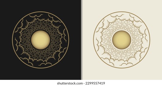 The Sun or Moon Surrounded by Clouds with "Hand-drawn Engraving Gold Style