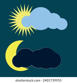 sun and moon surrounded by clouds