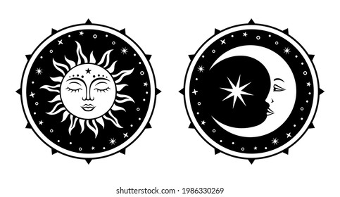 Sun And Moon Symbol. Celestial Silhouette Design. Esoteric Astrology Signs. Vector Boho Illustration. Monochrome Print.