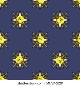 Sun and moon symbol. Sun and moon pattern. Sun and moon background. Sun and moon wallpaper. Sun and moon astrological sign. Colored texture on blue background. Alchemy symbol. Vector illustration.