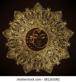 Sun Moon symbols as a face inside ornate mandala. Round pattern. Vintage decorative vector illustration isolated on black. Hand drawn. Retro style card design. Magical elements in gold over black.