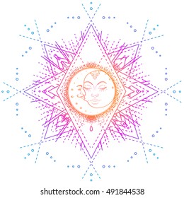Sun Moon symbols as a face inside ornate colorful mandala. Round pattern. Vintage decorative vector illustration isolated on white. Hand drawn. Retro style card design. 