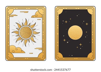 Sun and Moon tarot cards in gold and black on white background. Vector illustration of esotericism, astrology, fortune telling, predictions