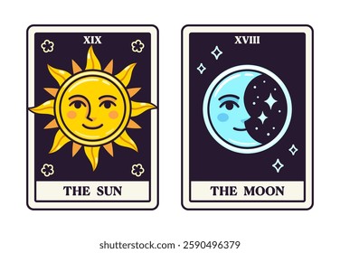 The Sun and The Moon Tarot cards in simple modern cartoon style. Vector clip art illustration.