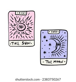 The Sun and The Moon. Tarot logo or label, magic cards reader, hand-drawn sketch brush simple minimal print for magical esoteric souvenirs. Witchy female hand drawn magic love fortune spell occultism