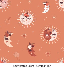  Sun and Moon in terracotta sky seamless vector pattern. Day and night celestial magic boho space modern background design for baby kid fashion fabric nursery decor