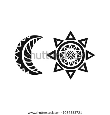 Sun and moon tribal tattoo. Ornamental design. Vector illustration isolated on white background. 