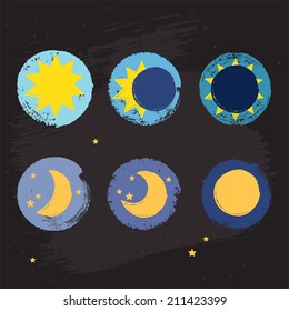 Sun moon vector crayon style icon set, grunge illustration with eclipse, stars and fool moon sign