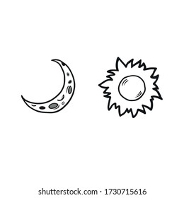 Sun and moon. Vector doodle style doodle. Signs of the sun and moon. Crescent moon and sun