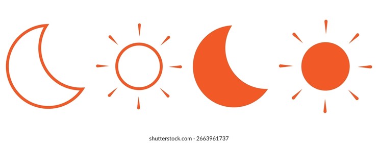 Sun moon vector icon set, day and night sign, dark and light mode icon, shining sun aand crescent noon, screen brightness icon, vector illustration. Sun and moon icons set eps 10