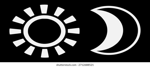 Iconos del vector del sol y de la luna para la interfaz clara y oscura del interruptor del modo en el fondo negro