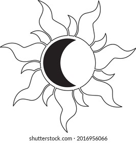 Ilustración vectorial de Sun y Moon. Blanco y negro. Fondo blanco. Dibujo de línea.