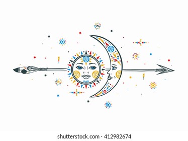 Sun moon vector illustration with faces and arrow in ethnic bohemian style. Concept of male female relationship with small ethnic geometric elements. Vector hipster sun moon graphic. 