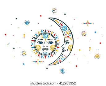 Sun moon vector illustration with faces in ethnic bohemian style. Concept of male female relationship with small ethnic geometric elements. Vector sun moon graphic. Sun with face, moon and stars