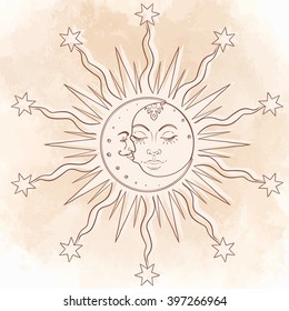 Sun and moon. Vector illustration in retro engraving style. Vintage decorative art isolated. Hand drawn background. Retro banner, invitation, wedding card, scrap booking. 