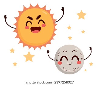Sun and moon vector illustration with stars isolated on white background. Childish drawing concept of day and night