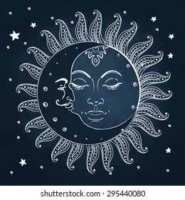 Sun and moon. Vector illustration in vintage engraving style.